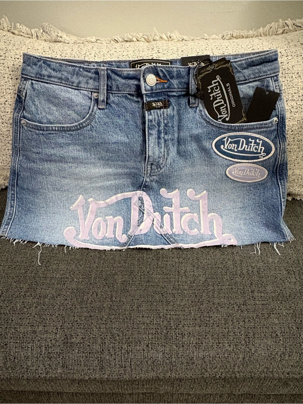 Von Dutch Light Blue Denim Skirt with Pale Pink Logo